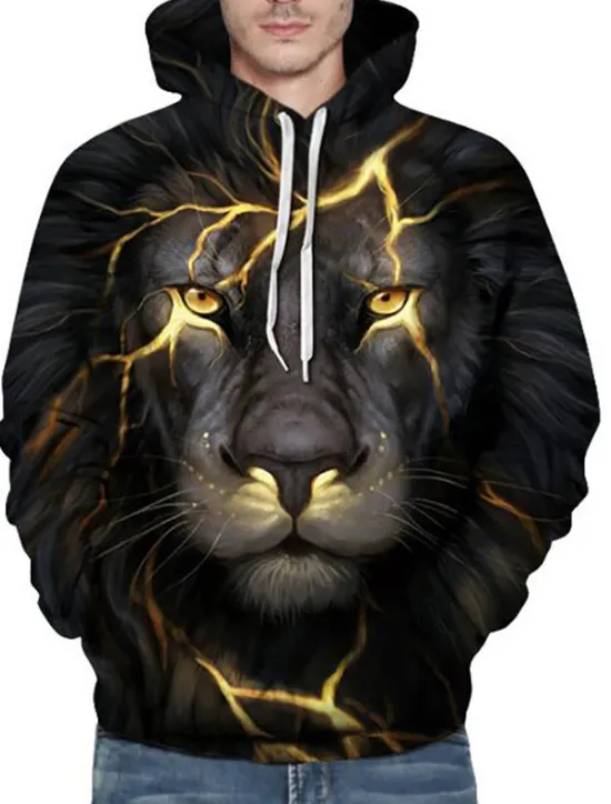 New OUKU Men's Animal Lion 3D Hoodie Hoodies Sweatshirt Active Long Sleeve Hooded Weekend Denim Blue Black Print Fall Winter Designer