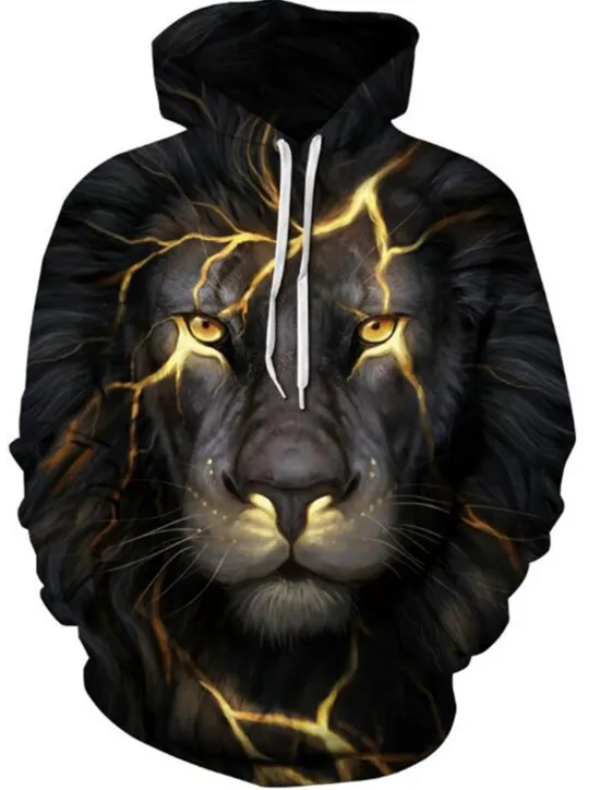 New OUKU Men's Animal Lion 3D Hoodie Hoodies Sweatshirt Active Long Sleeve Hooded Weekend Denim Blue Black Print Fall Winter Designer