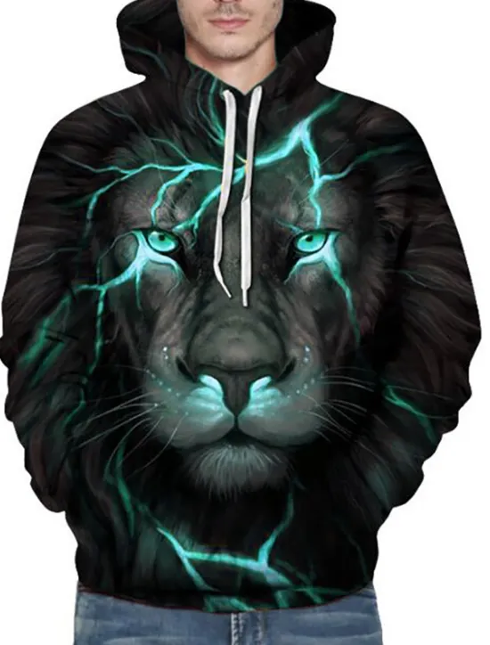 New OUKU Men's Animal Lion 3D Hoodie Hoodies Sweatshirt Active Long Sleeve Hooded Weekend Denim Blue Black Print Fall Winter Designer