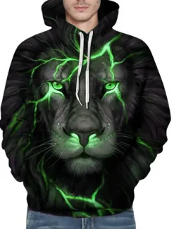 New OUKU Men's Animal Lion 3D Hoodie Hoodies Sweatshirt Active Long Sleeve Hooded Weekend Denim Blue Black Print Fall Winter Designer