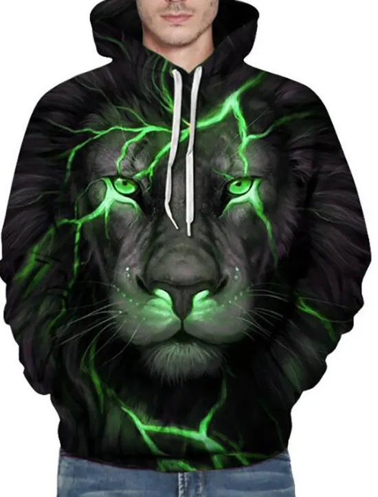 New OUKU Men's Animal Lion 3D Hoodie Hoodies Sweatshirt Active Long Sleeve Hooded Weekend Denim Blue Black Print Fall Winter Designer