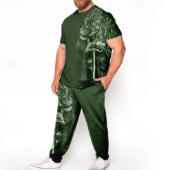New OUKU Men's Animal Lion 3D Print 2pcs Tees sets Matching Sets Short Sleeve Long pants Crew Neck Fashion Streetwear Casual Outdoor Daily Sports 3D Print Spring & Summer Navy Blue Green Dark Gray