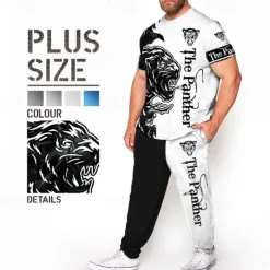 Outlet OUKU Men's Animal Lion 3D Print 2pcs Tees sets Matching Sets Short Sleeve Long pants Crew Neck Fashion Streetwear Casual Outdoor Daily Sports 3D Print Spring & Summer White Blue Black-white