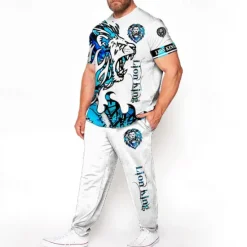 Outlet OUKU Men's Animal Lion 3D Print 2pcs Tees sets Matching Sets Short Sleeve Long pants Crew Neck Fashion Streetwear Casual Outdoor Daily Sports 3D Print Spring & Summer White Blue Black-white