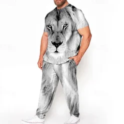 Outlet OUKU Men's Animal Lion 3D Print 2pcs Tees sets Matching Sets Short Sleeve Long pants Crew Neck Fashion Streetwear Casual Outdoor Daily Sports 3D Print Spring & Summer White Blue Black-white