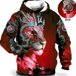 Hot OUKU Men's Animal Lion Graphic Prints Hoodie Hoodies Sweatshirt Daily Classic Long Sleeve Hooded Holiday Going out Streetwear Red Blue Print Spring & Fall Designer