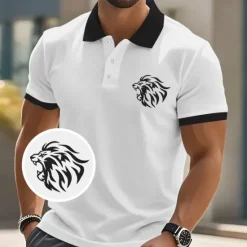 Sale OUKU Men's Animal Lion Polo Short Sleeve Polo Shirts Collared Shirts Casual School Outdoor Athleisure Daily Wear 3D Print Summer White Pink Blue