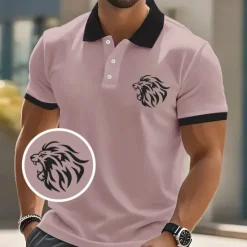 Sale OUKU Men's Animal Lion Polo Short Sleeve Polo Shirts Collared Shirts Casual School Outdoor Athleisure Daily Wear 3D Print Summer White Pink Blue