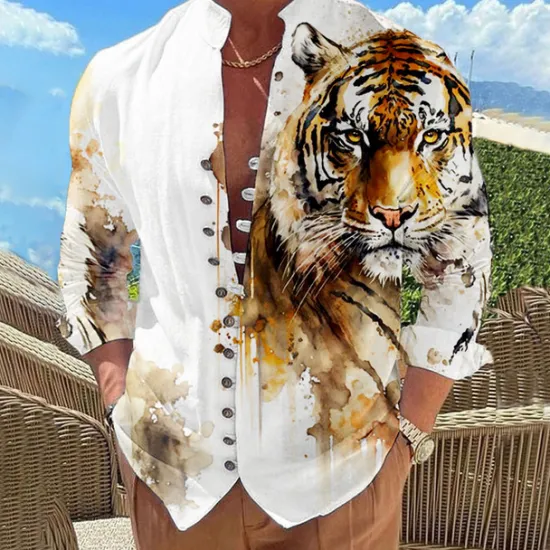 Discount OUKU Men's Animal Lion Shirt Button Up Shirt Long Sleeve Fashion Designer Casual Vacation Daily Going out Fall Autumn / Fall Spring & Summer Stand Collar Print Black Yellow Pink Blue Purple