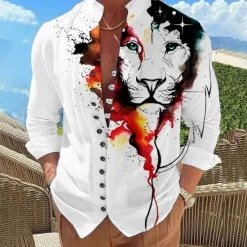 Discount OUKU Men's Animal Lion Shirt Button Up Shirt Long Sleeve Fashion Designer Casual Vacation Daily Going out Fall Autumn / Fall Spring & Summer Stand Collar Print Black Yellow Pink Blue Purple