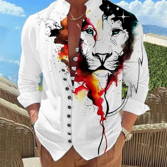 Discount OUKU Men's Animal Lion Shirt Button Up Shirt Long Sleeve Fashion Designer Casual Vacation Daily Going out Fall Autumn / Fall Spring & Summer Stand Collar Print Black Yellow Pink Blue Purple