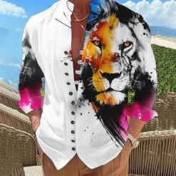 Discount OUKU Men's Animal Lion Shirt Button Up Shirt Long Sleeve Fashion Designer Casual Vacation Daily Going out Fall Autumn / Fall Spring & Summer Stand Collar Print Black Yellow Pink Blue Purple