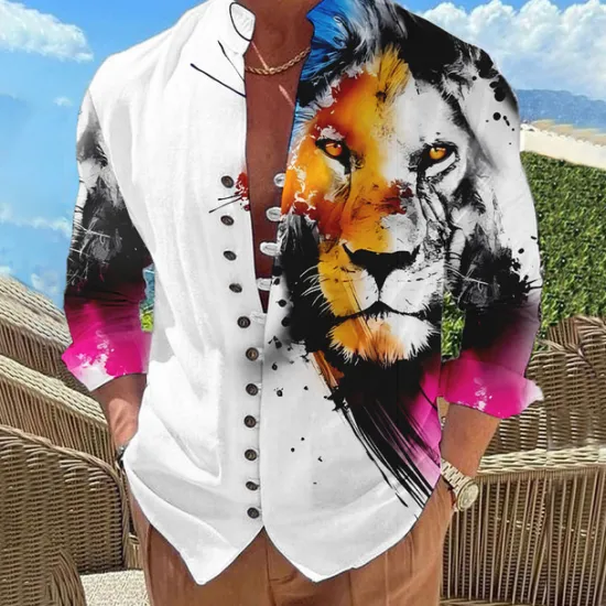 Discount OUKU Men's Animal Lion Shirt Button Up Shirt Long Sleeve Fashion Designer Casual Vacation Daily Going out Fall Autumn / Fall Spring & Summer Stand Collar Print Black Yellow Pink Blue Purple