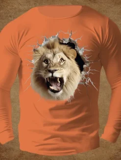 Online OUKU Men's Animal Lion T Shirt 100% Cotton Long Sleeve Graphic Shirt White Orange Dark Blue Comfortable Tee Sports Outdoor Holiday Fashion Designer Clothing