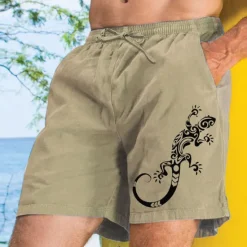 OUKU Men's Animal Lizard Shorts Linen Shorts Casual Shorts Mid Waist Vintage Retro Dailywear Holiday Vacation Pocket Drawstring Elastic Waist Summer Spring Blue Green khaki