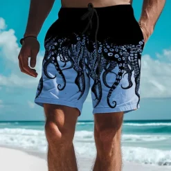 Best OUKU Men's Animal Octopus Swim Trunks Swim Shorts Board Shorts Mid Waist Vacation Hawaiian Holiday Vacation Holiday Beach Drawstring with Mesh lining Elastic Waist Designer Clothing Apparel