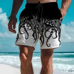 Best OUKU Men's Animal Octopus Swim Trunks Swim Shorts Board Shorts Mid Waist Vacation Hawaiian Holiday Vacation Holiday Beach Drawstring with Mesh lining Elastic Waist Designer Clothing Apparel