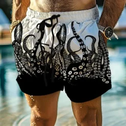 Best OUKU Men's Animal Octopus Swim Trunks Swim Shorts Board Shorts Mid Waist Vacation Hawaiian Holiday Vacation Holiday Beach Drawstring with Mesh lining Elastic Waist Designer Clothing Apparel