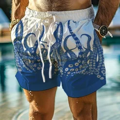 Best OUKU Men's Animal Octopus Swim Trunks Swim Shorts Board Shorts Mid Waist Vacation Hawaiian Holiday Vacation Holiday Beach Drawstring with Mesh lining Elastic Waist Designer Clothing Apparel