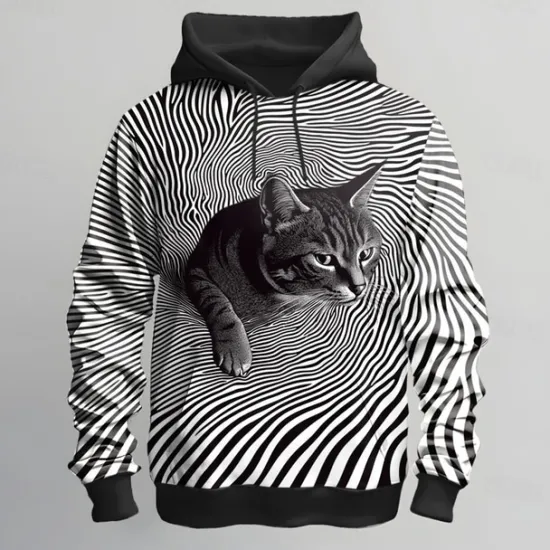 Online OUKU Men's Animal Optical Illusion Hoodies Sweatshirt Ethnic Cowboy Long Sleeve Crew Neck Holiday Streetwear Black White Drawstring Fall Winter Designer