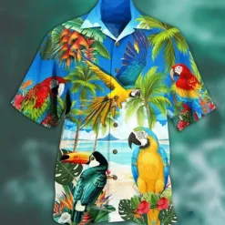 New OUKU Men's Animal Parrot Palm Leaf Shirt Summer Hawaiian Shirt Camp Collar Shirt Short Sleeve Shirt Turndown Fashion Designer Casual Outdoor Street Casual Lake blue Sea Blue Red 3D Print S M L