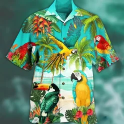 New OUKU Men's Animal Parrot Palm Leaf Shirt Summer Hawaiian Shirt Camp Collar Shirt Short Sleeve Shirt Turndown Fashion Designer Casual Outdoor Street Casual Lake blue Sea Blue Red 3D Print S M L