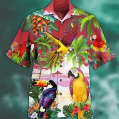 New OUKU Men's Animal Parrot Palm Leaf Shirt Summer Hawaiian Shirt Camp Collar Shirt Short Sleeve Shirt Turndown Fashion Designer Casual Outdoor Street Casual Lake blue Sea Blue Red 3D Print S M L