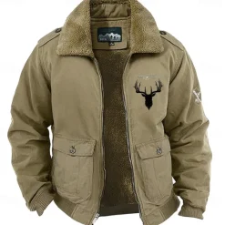 Clearance OUKU Men's Animal Reindeer Embroidered Fleece Jacket Cargo Jacket Long Sleeve Military Tactical Thermal Warm Coat Vintage Casual Style Cotton Bomber Jacket with Turn-down Collar khaki Army Green Dark Blue