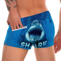 OUKU Men's Animal Shark Swim Shorts Board Shorts Swimming Trunks Mid Waist Fashion Designer Surfing Holiday Beach Pocket Drawstring Elastic Waist Designer Clothing Apparel Blue