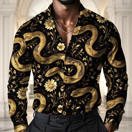 Best OUKU Men's Animal Snake Flowers Shirt Satin Shirt Dress Shirt Long Sleeve Vintage Retro Vacation Dailywear Summer Spring Fall Turndown 3D Print Button Up Shirts Black White Blue Green