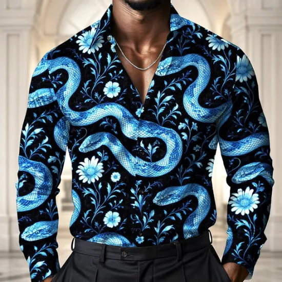 Best OUKU Men's Animal Snake Flowers Shirt Satin Shirt Dress Shirt Long Sleeve Vintage Retro Vacation Dailywear Summer Spring Fall Turndown 3D Print Button Up Shirts Black White Blue Green