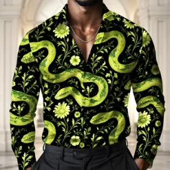 Best OUKU Men's Animal Snake Flowers Shirt Satin Shirt Dress Shirt Long Sleeve Vintage Retro Vacation Dailywear Summer Spring Fall Turndown 3D Print Button Up Shirts Black White Blue Green