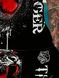 Best OUKU Men's Animal Tiger 2pcs Tees sets Summer Tops Short Sleeve Short Pants Crew Neck Sport Casual Trendy Outdoor Casual Daily 3D Print Summer Blue Red