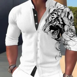 Sale OUKU Men's Animal Tiger Shirt Button Up Shirt Long Sleeve Fashion Streetwear Designer Outdoor Casual Daily Summer Spring Fall Stand Collar Print White Pink Blue Green Khaki