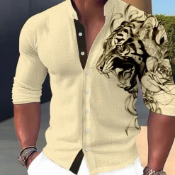 Sale OUKU Men's Animal Tiger Shirt Button Up Shirt Long Sleeve Fashion Streetwear Designer Outdoor Casual Daily Summer Spring Fall Stand Collar Print White Pink Blue Green Khaki