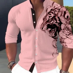 Sale OUKU Men's Animal Tiger Shirt Button Up Shirt Long Sleeve Fashion Streetwear Designer Outdoor Casual Daily Summer Spring Fall Stand Collar Print White Pink Blue Green Khaki
