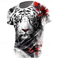 Online OUKU Men's Animal Tiger T Shirt T shirt 3D Print Crew Neck Shirt Fashion Athleisure Street Sports Outdoor Black / White White Summer Spring Clothing Apparel S M L XL XXL XXXL