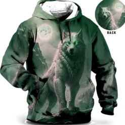 Sale OUKU Men's Animal Wolf Graphic Prints Hoodie Hoodies Sweatshirt Daily Classic Long Sleeve Hooded Holiday Going out Streetwear Blue Brown Print Spring & Fall Designer