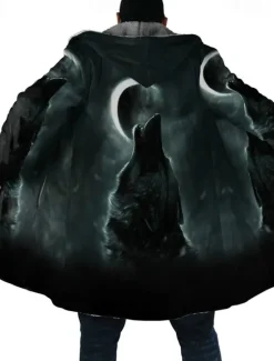 Clearance OUKU Men's Animal Wolf Graphic Prints Winter Coat Fleece Jacket Coat Warm Breathable Comfortable Fashion Streetwear Sport Sports & Outdoor Daily Wear Going out Zipper Pocket Print Fall & Winter Hoodie Black