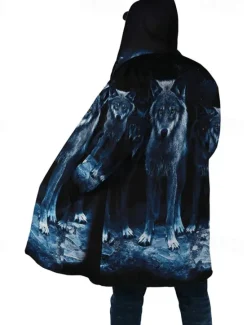 New OUKU Men's Animal Wolf Graphic Prints Winter Coat Fleece Jacket Coat Warm Breathable Comfortable Fashion Streetwear Sport Sports & Outdoor Daily Wear Going out Zipper Pocket Print Fall & Winter Hoodie Blue