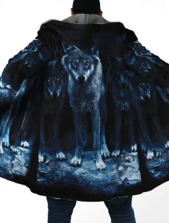 New OUKU Men's Animal Wolf Graphic Prints Winter Coat Fleece Jacket Coat Warm Breathable Comfortable Fashion Streetwear Sport Sports & Outdoor Daily Wear Going out Zipper Pocket Print Fall & Winter Hoodie Blue