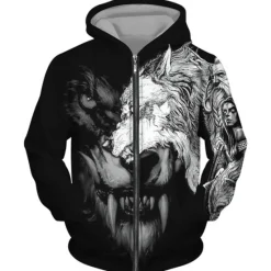 Hot OUKU Men's Animal Wolf Graphic Prints Hoodie Hoodies Sweatshirt Streetwear Designer Long Sleeve Hooded Sports & Outdoor Daily Sports Black Brown Zipper Print Spring & Fall Designer