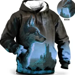 Best OUKU Men's Animal Wolf Graphic Prints Hoodie Hoodies Sweatshirt Daily Classic Long Sleeve Hooded Holiday Going out Streetwear Blue Brown Print Spring & Fall Designer