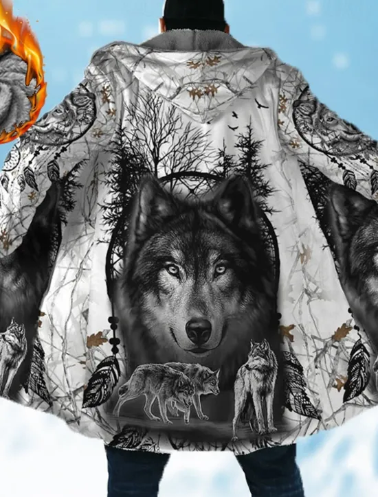 Hot OUKU Men's Animal Wolf Graphic Prints Winter Coat Fleece Jacket Coat Warm Breathable Comfortable Fashion Streetwear Sport Sports & Outdoor Daily Wear Going out Zipper Pocket Print Fall & Winter Hoodie Gray