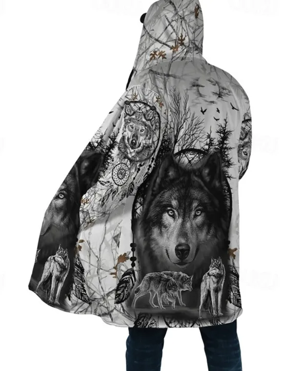Hot OUKU Men's Animal Wolf Graphic Prints Winter Coat Fleece Jacket Coat Warm Breathable Comfortable Fashion Streetwear Sport Sports & Outdoor Daily Wear Going out Zipper Pocket Print Fall & Winter Hoodie Gray