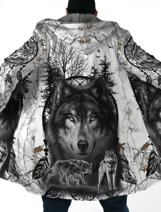 Hot OUKU Men's Animal Wolf Graphic Prints Winter Coat Fleece Jacket Coat Warm Breathable Comfortable Fashion Streetwear Sport Sports & Outdoor Daily Wear Going out Zipper Pocket Print Fall & Winter Hoodie Gray