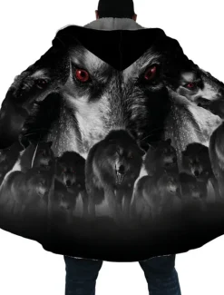 Best OUKU Men's Animal Wolf Graphic Prints Winter Coat Fleece Jacket Coat Warm Breathable Comfortable Fashion Streetwear Sport Sports & Outdoor Daily Wear Going out Zipper Pocket Print Fall & Winter Hoodie Gray