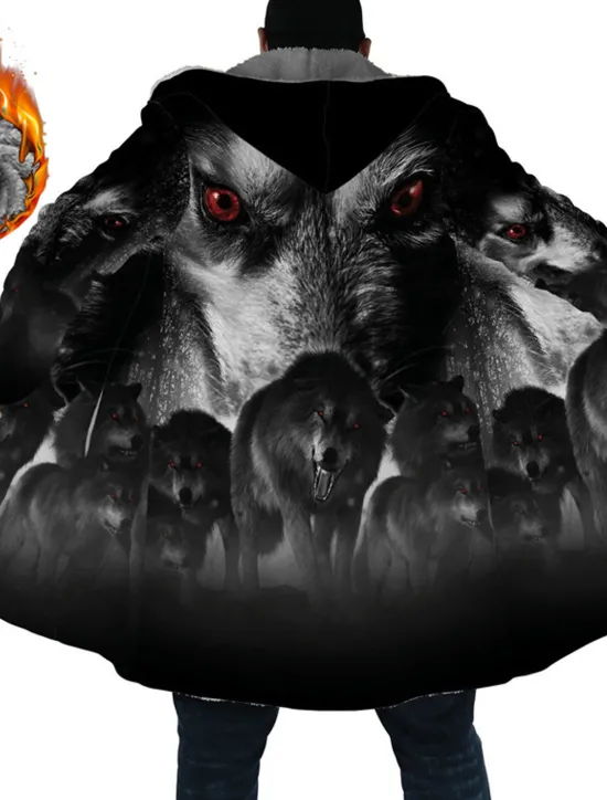 Best OUKU Men's Animal Wolf Graphic Prints Winter Coat Fleece Jacket Coat Warm Breathable Comfortable Fashion Streetwear Sport Sports & Outdoor Daily Wear Going out Zipper Pocket Print Fall & Winter Hoodie Gray