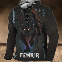 Outlet OUKU Men's Animal Wolf Graphic Prints Sweatshirt Pullover Long Sleeve Sweatshirt Standing Collar Streetwear Designer Basic 3D Print Sports & Outdoor Casual Daily Lace up Spring & Fall