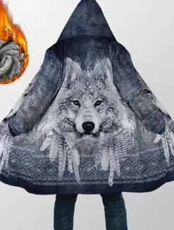 Online OUKU Men's Animal Wolf Graphic Prints Winter Coat Fleece Jacket Coat Warm Breathable Comfortable Fashion Streetwear Sport Sports & Outdoor Daily Wear Going out Zipper Pocket Print Fall & Winter Hoodie Blue
